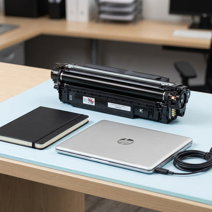 Scale reference: Black HP 507X (CE400X) compatible toner cartridge next to a laptop and notebook.