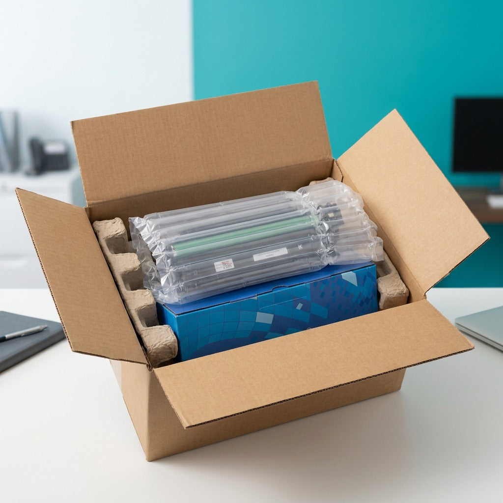A compatible HP 507X black toner cartridge securely packed in protective air cushions inside a shipping box.