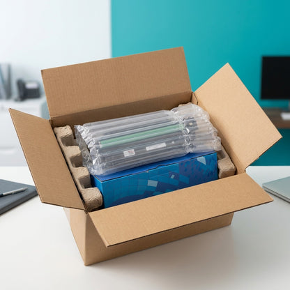 A compatible HP 507X black toner cartridge securely packed in protective air cushions inside a shipping box.