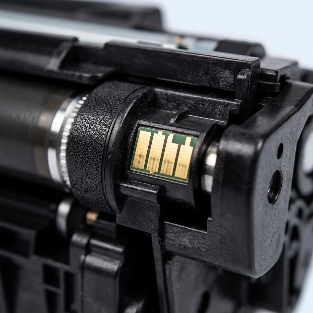 Macro detail of the gold-plated smart chip and precision rollers on an HP 507X toner cartridge.