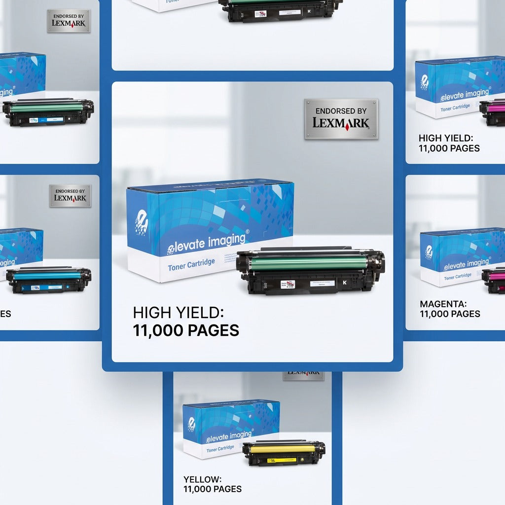 Matrix of Elevate Imaging HP 507X compatible toner cartridges in black, cyan, magenta, and yellow.