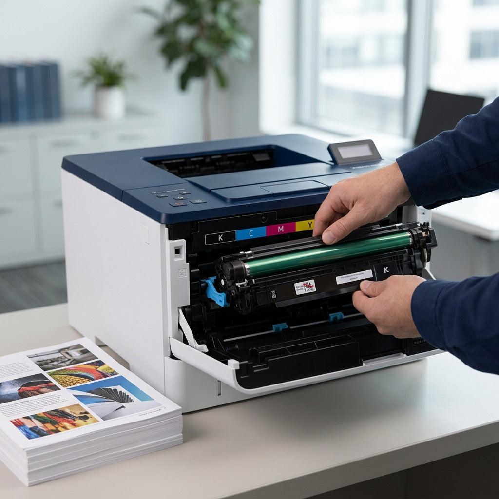 Office worker installing a compatible black HP 507X (CE400X) toner cartridge into a laser printer.