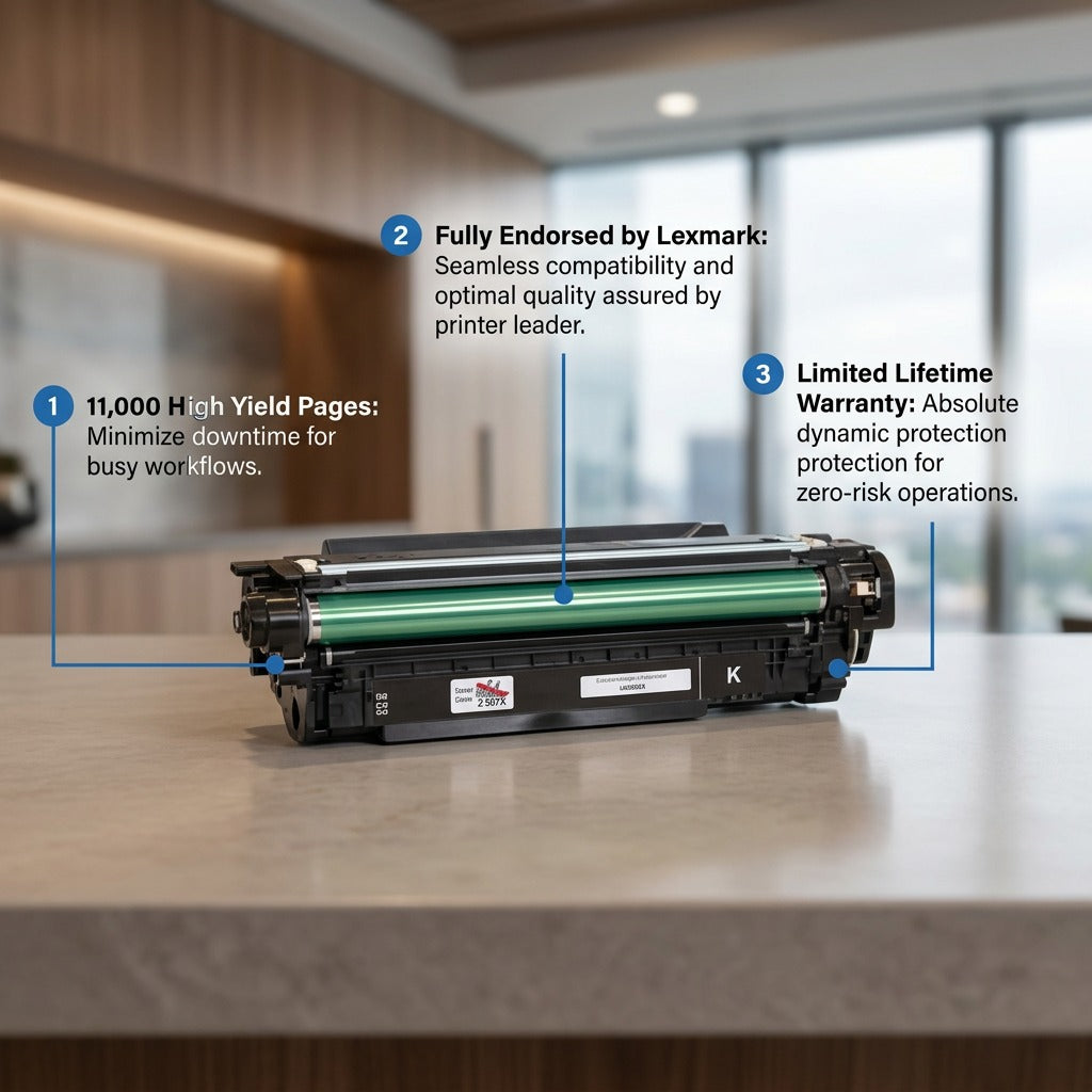 HP 507X black toner cartridge featuring 11,000 page yield, Lexmark endorsement, and lifetime warranty.
