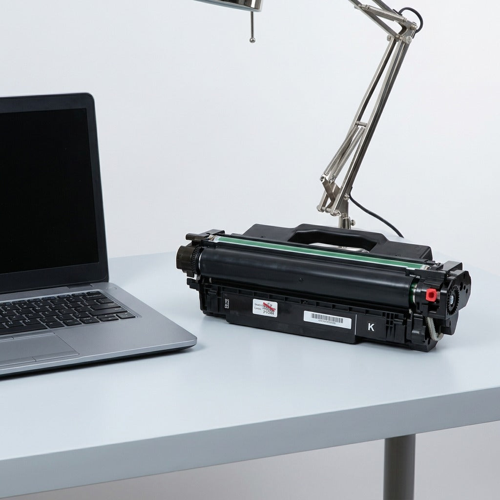 HP 507X CE400X black toner cartridge on a desk next to a laptop and lamp for scale reference.