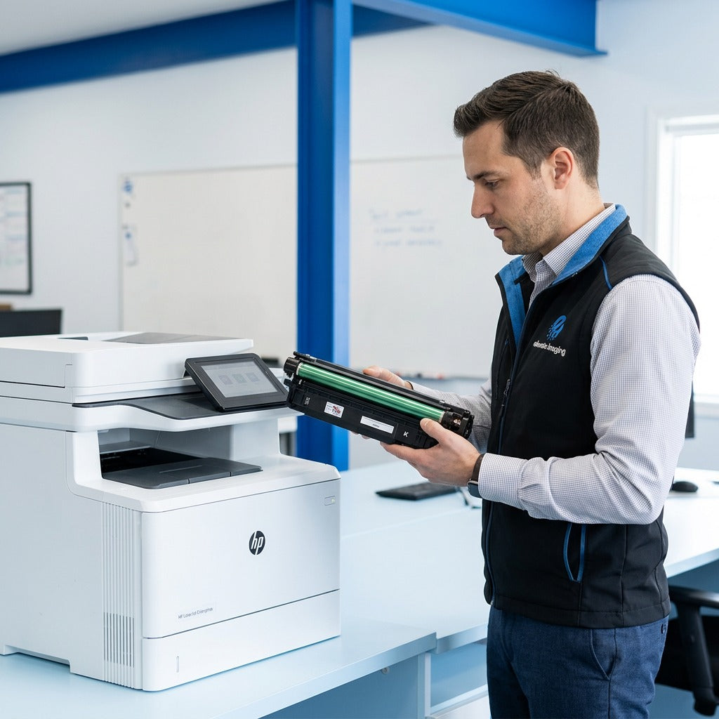 Professional in a modern office holding an HP 507X CE400X black toner cartridge near an HP printer.
