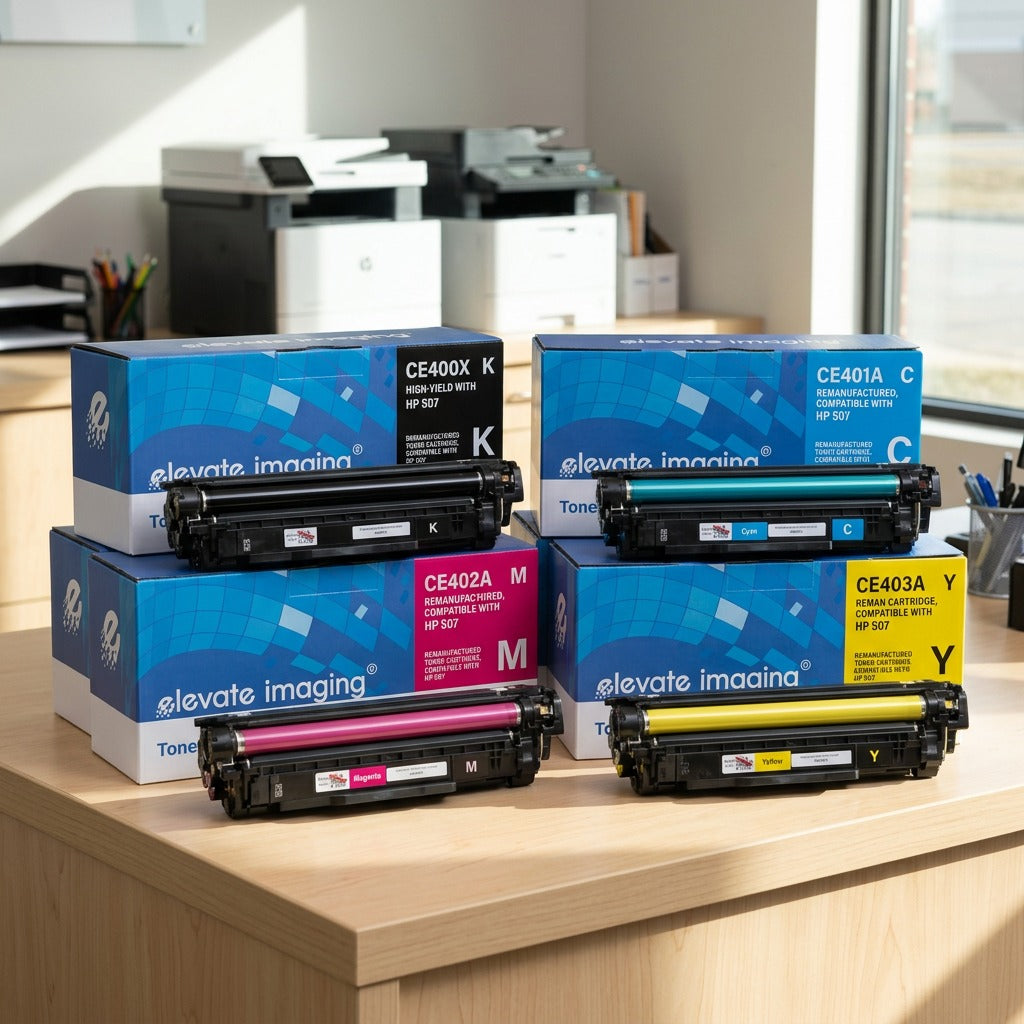 A 2x2 grid set of Elevate Imaging HP 507X remanufactured cartridges in black, cyan, magenta, and yellow.