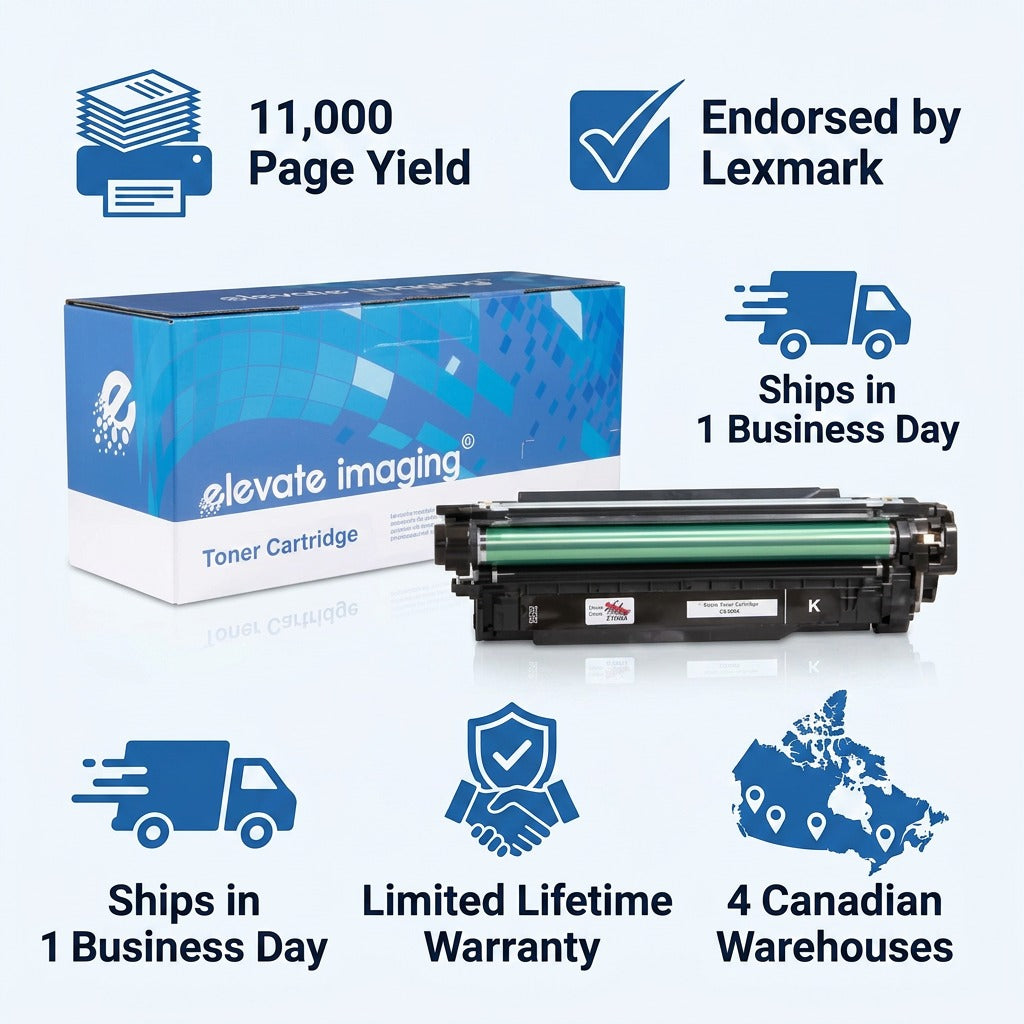 Elevate Imaging HP 507X remanufactured black toner cartridge with 11,000 page yield infographic.