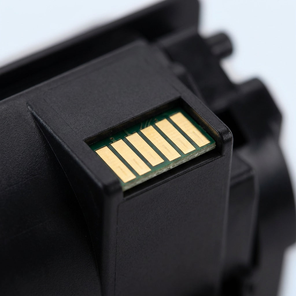 Macro view of metallic smart chip contacts on HP 507X (CE400X) Black Remanufactured Toner Cartridge.