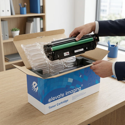 Unboxing an Elevate Imaging HP 507X cartridge showing protective air-cushioning and retail box.
