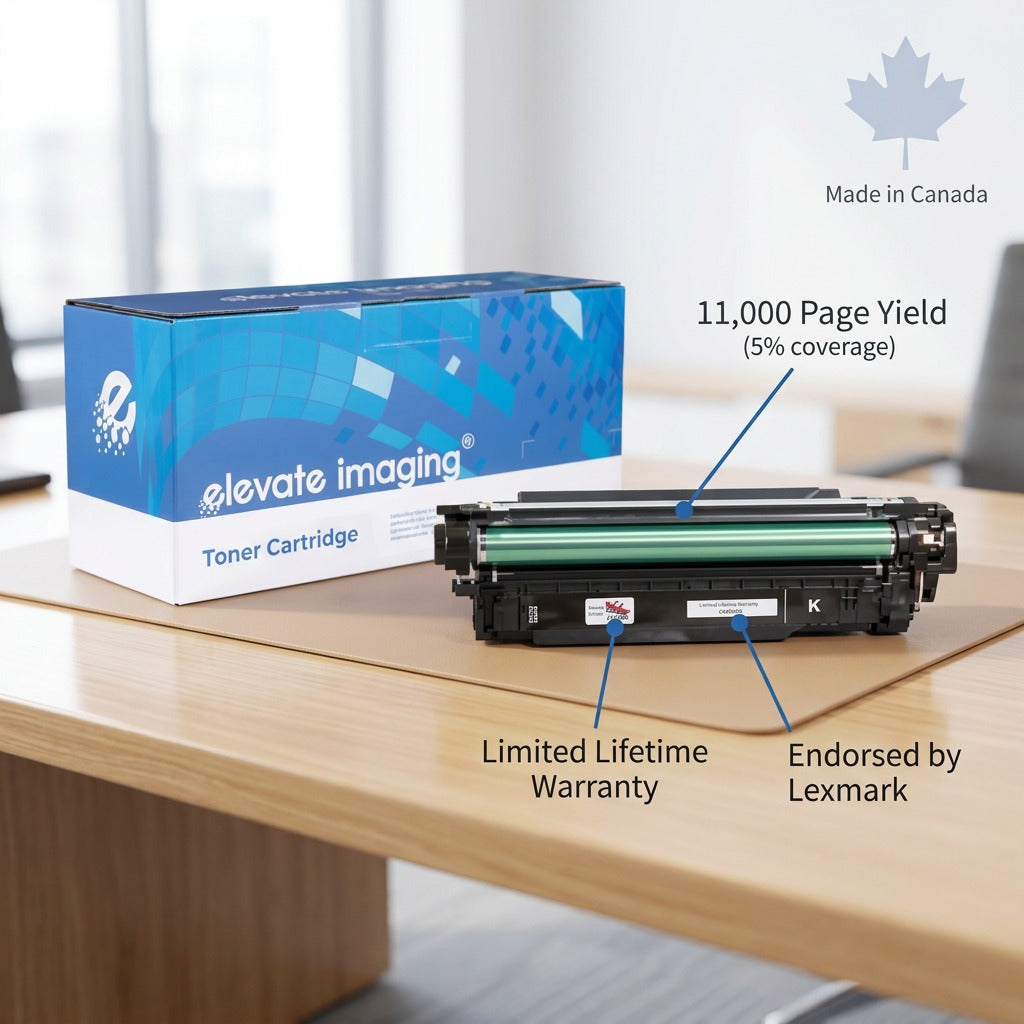 Elevate Imaging HP 507X Black Toner with box, highlighting 11,000 page yield and Lexmark endorsement.