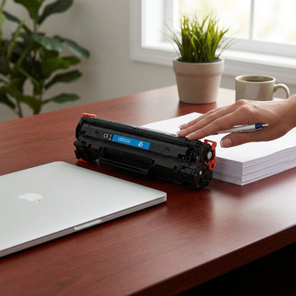 A cyan HP 507A (CE401A) toner cartridge on a desk next to a 13-inch laptop and stack of A4 paper.