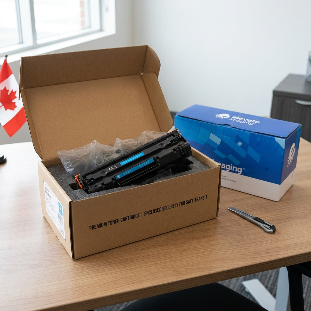 Elevate Imaging cyan toner cartridge unboxed with secure foam padding in a professional office.