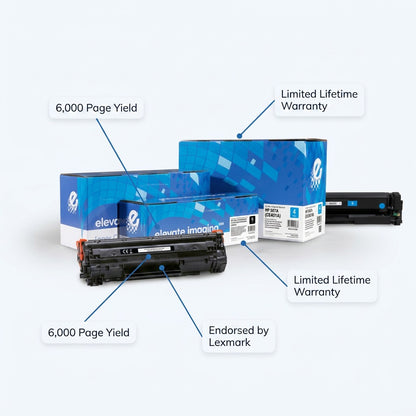Elevate Imaging HP 507A Cyan Toner and packaging with 6,000 page yield and warranty callouts.