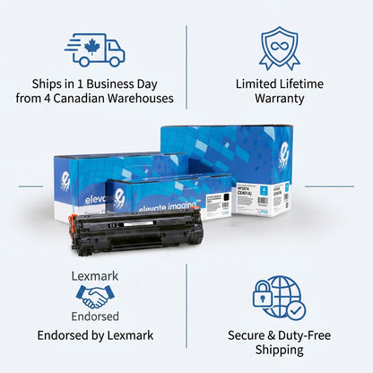 Infographic for Elevate Imaging HP 507A Cyan Toner showing 1-day shipping and Lexmark endorsement.