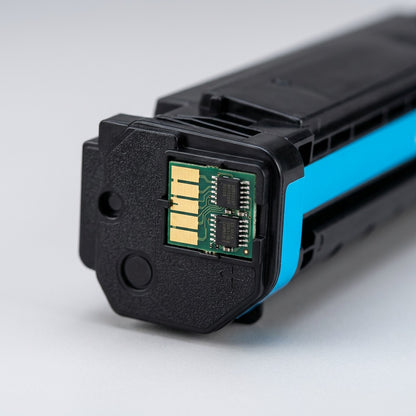 Macro detail of the smart chip on an Elevate Imaging compatible HP 507A cyan toner cartridge.