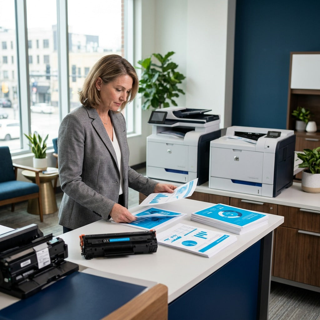 Manager reviews cyan graphs near HP M551 printers with an Elevate Imaging CE401A toner cartridge.