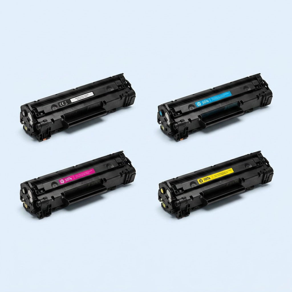Matrix of four HP 507A laser toner cartridges in black, cyan, magenta, and yellow on a blue background.