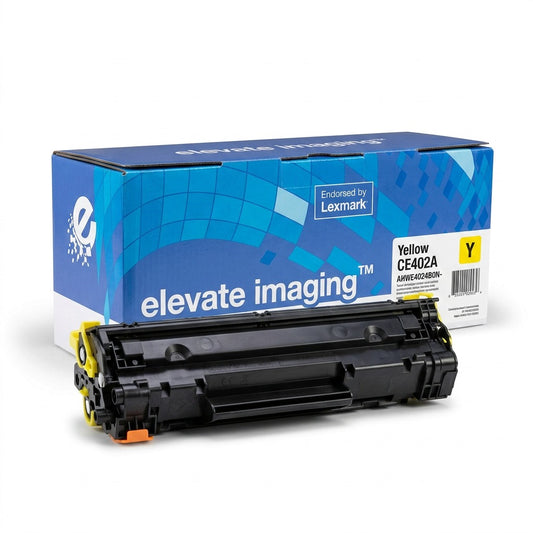 Elevate Imaging yellow toner cartridge CE402A displayed in front of its blue and white retail box.