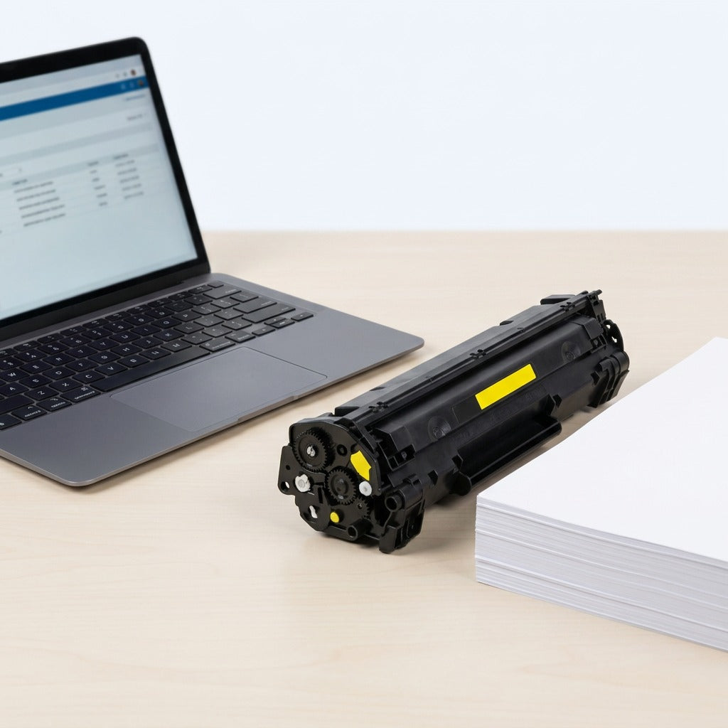 HP 507A CE402A yellow toner cartridge on a desk next to a laptop and paper stack for scale.
