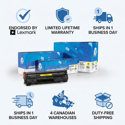 Elevate Imaging HP 507A yellow toner with Lexmark endorsement and Canada shipping icons.