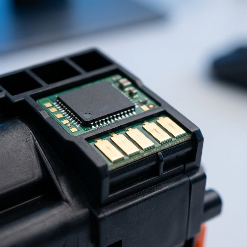 Macro detail of the smart chip and gold contacts on an Elevate Imaging HP 507A yellow toner cartridge.