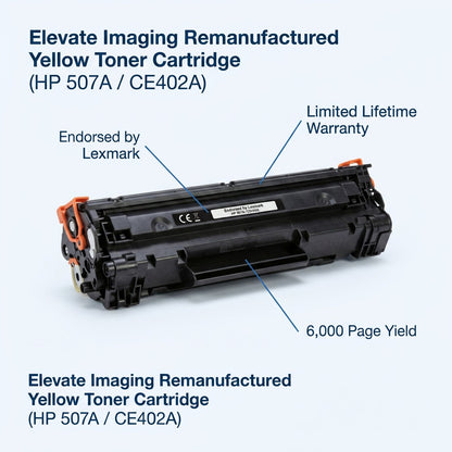 Elevate Imaging Yellow Toner for HP 507A with 6,000 page yield and limited lifetime warranty.
