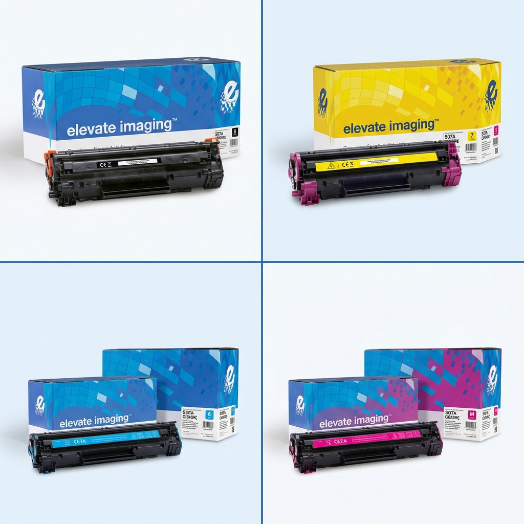 A 2x2 grid showing Elevate Imaging HP 507A series toner cartridges in black, yellow, cyan, and magenta.