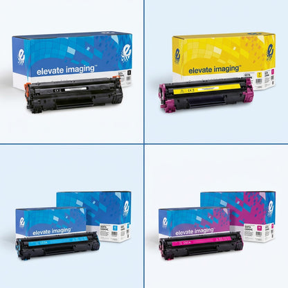 A 2x2 grid showing Elevate Imaging HP 507A series toner cartridges in black, yellow, cyan, and magenta.