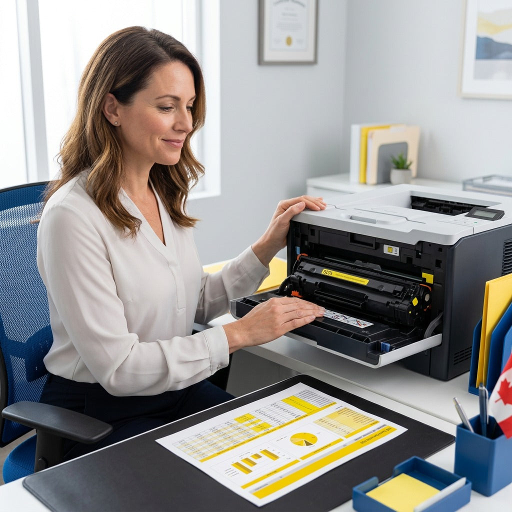 A professional installs an Elevate Imaging yellow 507A toner cartridge into an HP LaserJet printer.