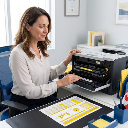 A professional installs an Elevate Imaging yellow 507A toner cartridge into an HP LaserJet printer.