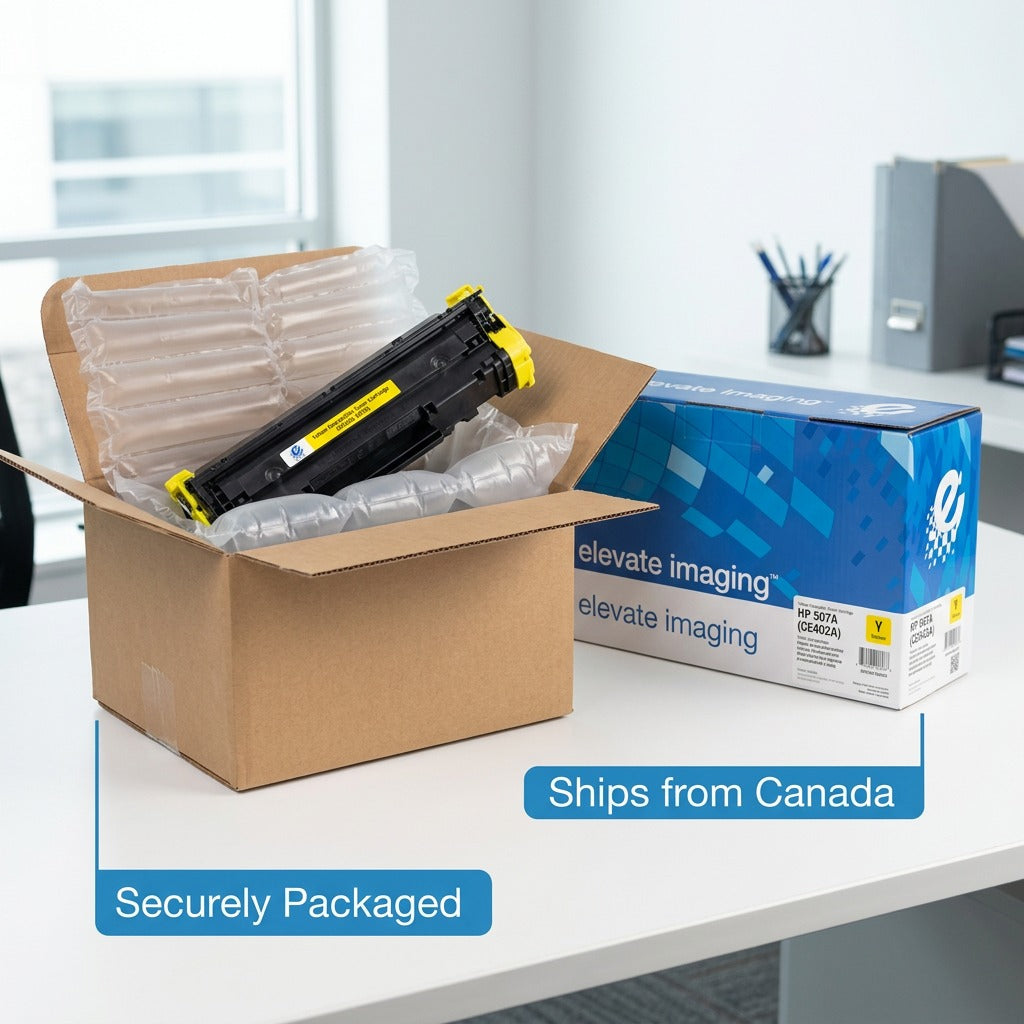 Elevate Imaging HP 507A yellow toner cartridge in air-cushion packaging inside a shipping box.