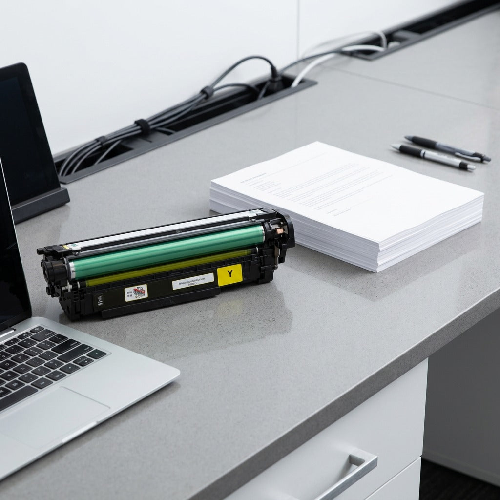 Yellow HP 507A toner cartridge on an office desk next to a laptop and paper for scale reference.