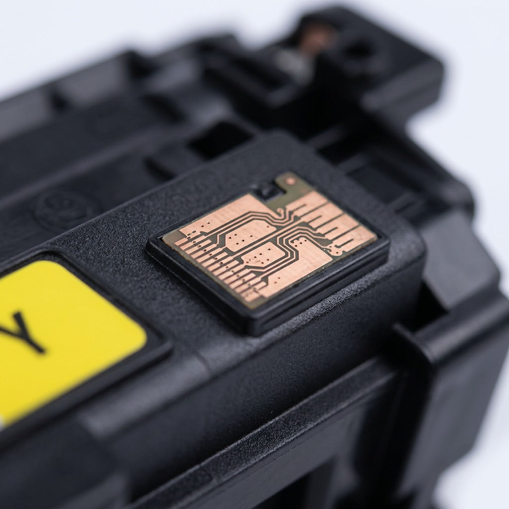 Macro close-up of the copper contact chip on an HP 507A CE402A yellow toner cartridge.