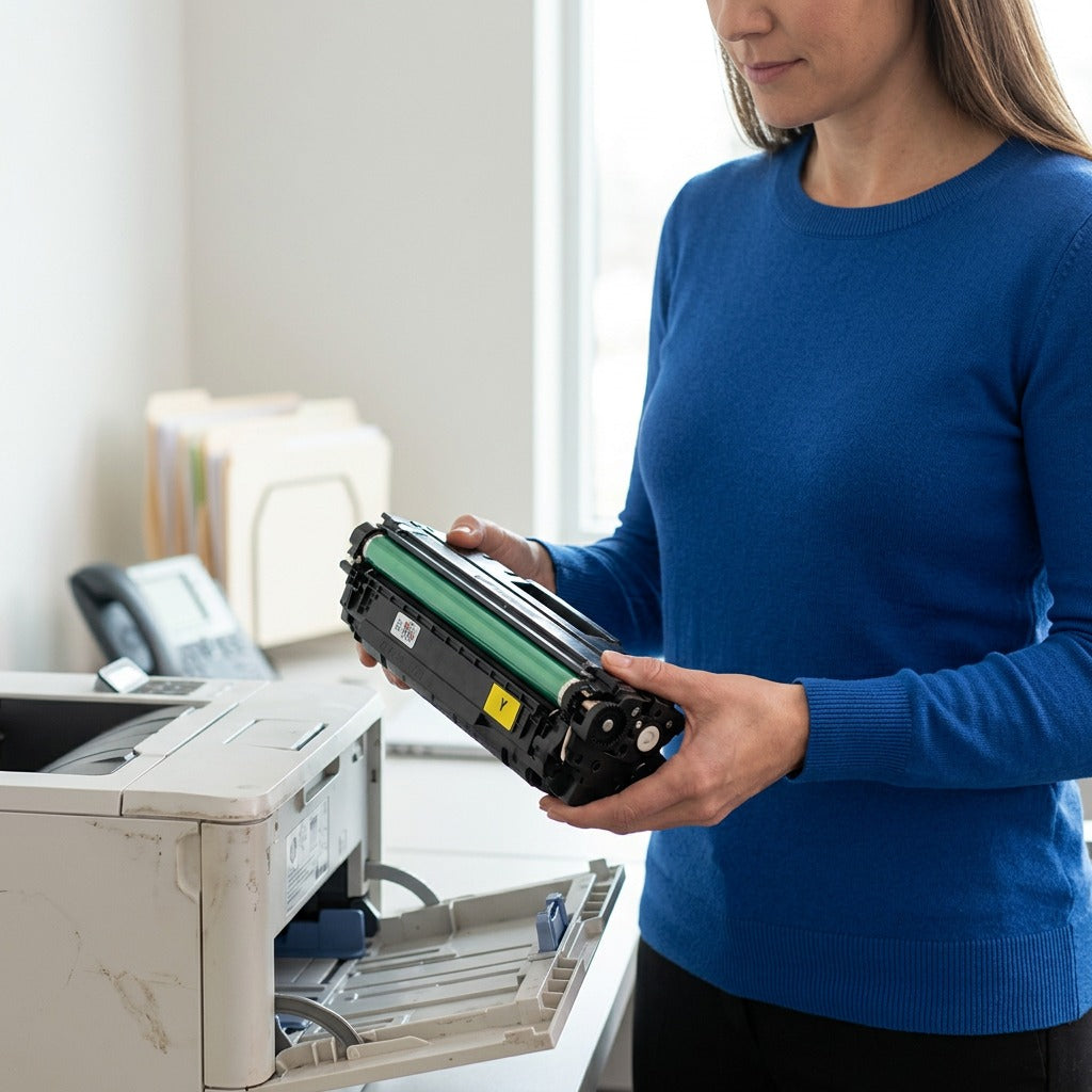 Office worker installing a yellow HP 507A CE402A remanufactured toner cartridge into a printer.