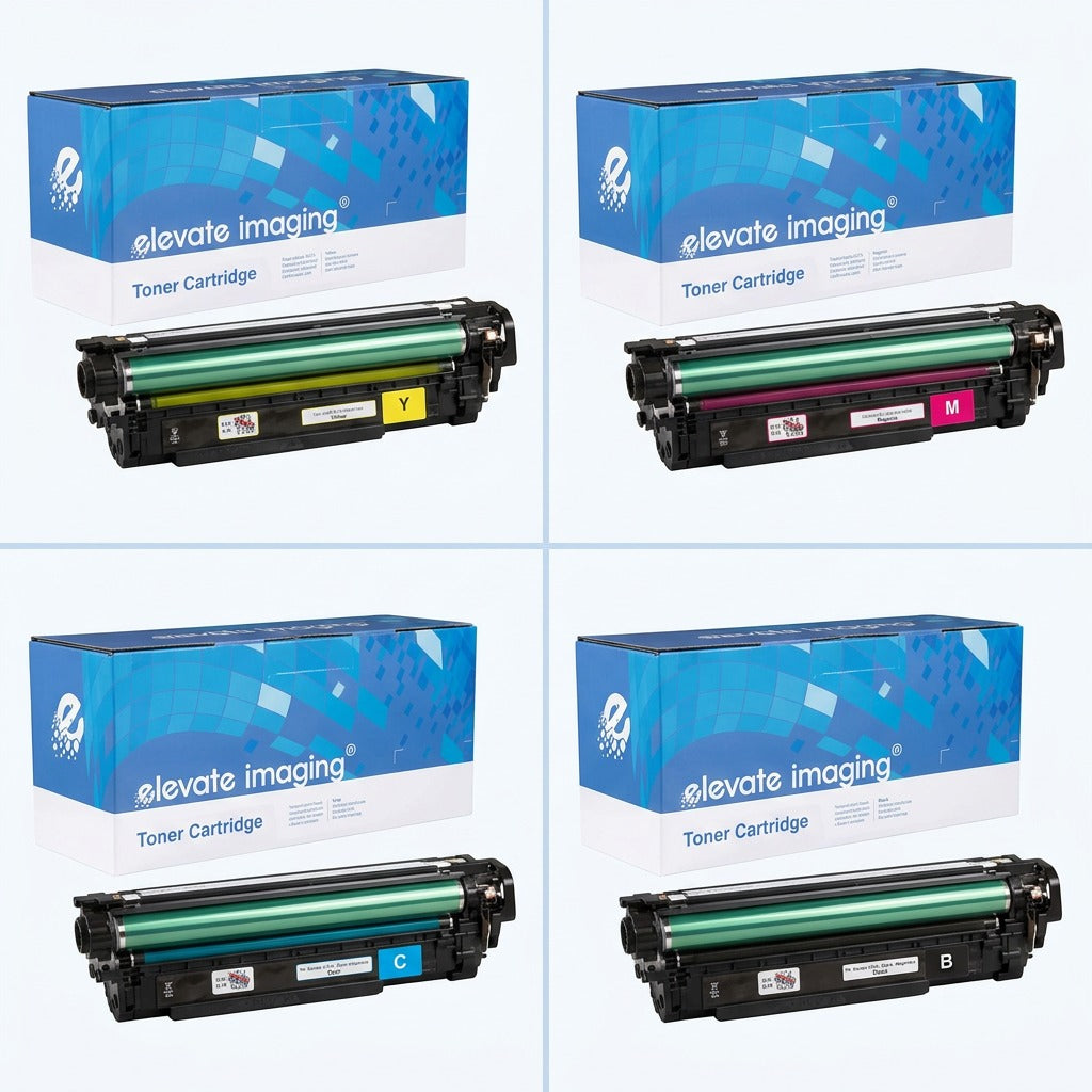 2x2 grid of Elevate Imaging HP 507A series toner cartridges in Yellow, Magenta, Cyan, and Black.