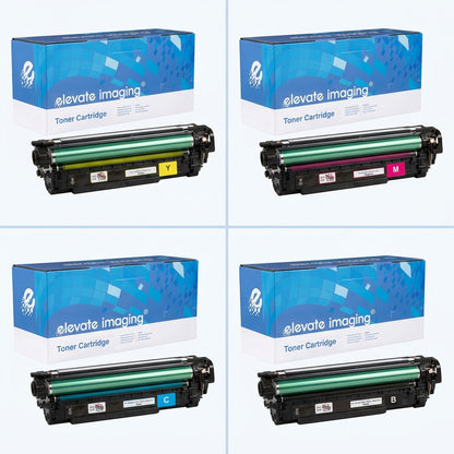 2x2 grid of Elevate Imaging HP 507A series toner cartridges in Yellow, Magenta, Cyan, and Black.