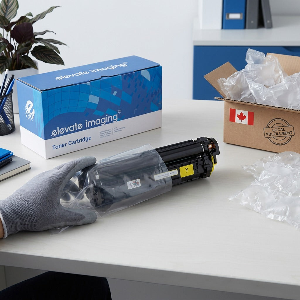 A gloved hand unboxes an Elevate Imaging HP 507A Yellow toner cartridge from protective packaging.
