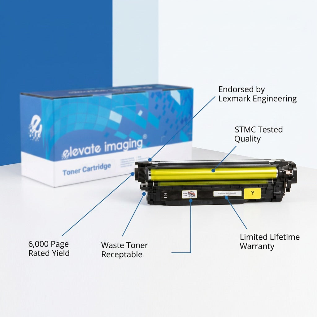 Elevate Imaging yellow toner cartridge for HP 507A showing a 6,000 page yield and lifetime warranty.