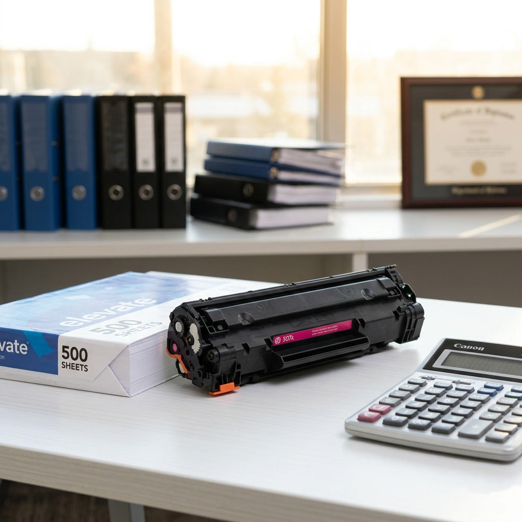 HP 507A Magenta toner cartridge on a desk next to a ream of paper and a calculator for scale.