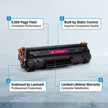 Elevate Imaging Magenta HP 507A toner cartridge featuring a 6,000 page yield and lifetime warranty.