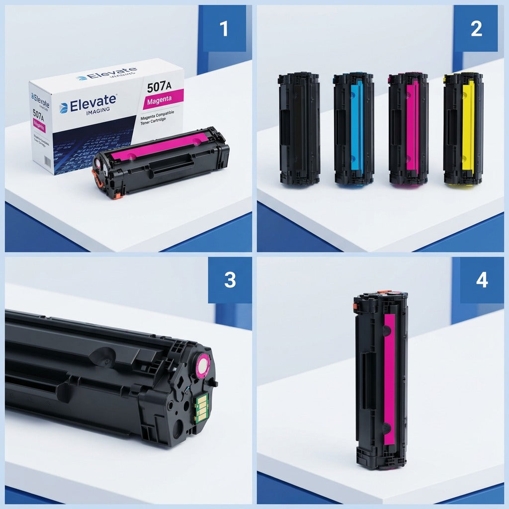Elevate Imaging HP 507A Magenta toner cartridge product variant grid and color lineup.