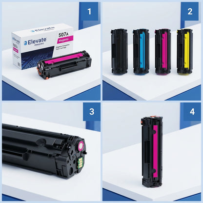 Elevate Imaging HP 507A Magenta toner cartridge product variant grid and color lineup.
