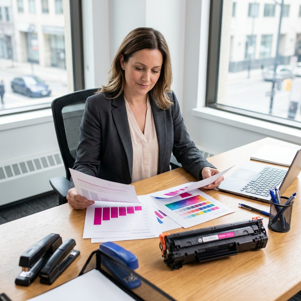 Office manager reviewing magenta bar charts next to an HP 507A magenta toner cartridge.