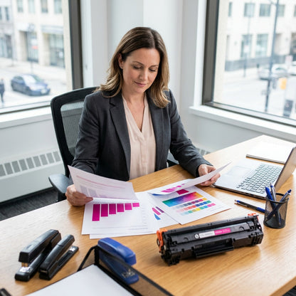 Office manager reviewing magenta bar charts next to an HP 507A magenta toner cartridge.
