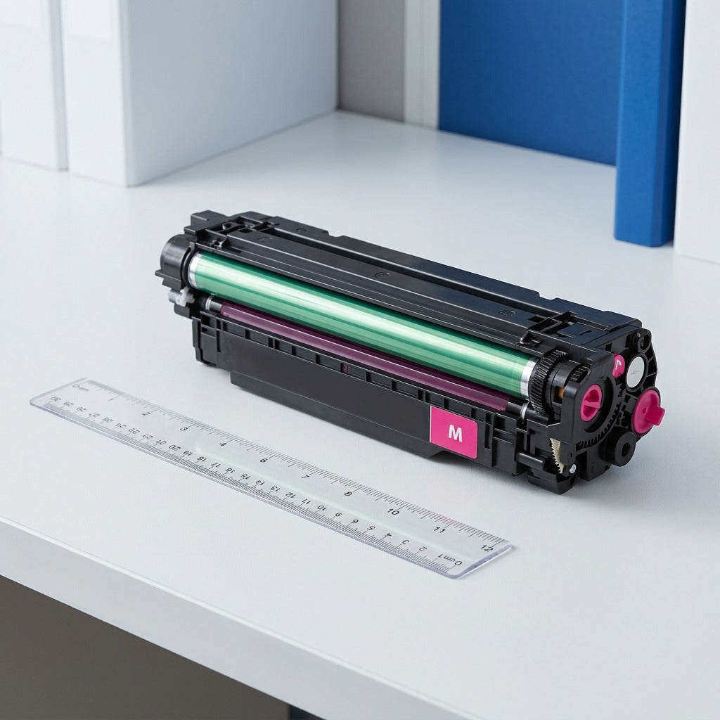 HP 507A Magenta toner cartridge on a desk next to a 12-inch ruler for scale reference.