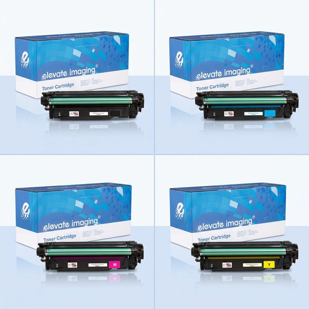 Grid of black, cyan, magenta, and yellow remanufactured HP 507A toner cartridges by Elevate Imaging.