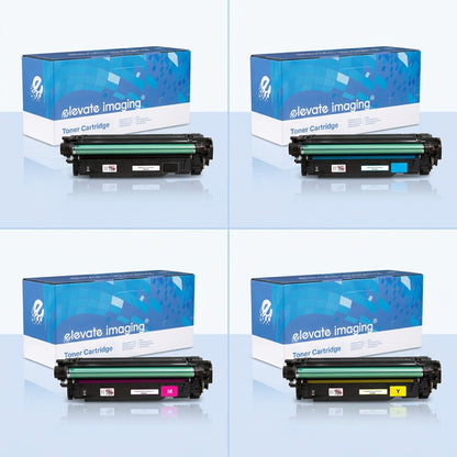 Grid of black, cyan, magenta, and yellow remanufactured HP 507A toner cartridges by Elevate Imaging.