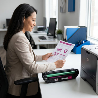 Office worker reviewing magenta charts next to an Elevate Imaging HP 507A Magenta Toner Cartridge.