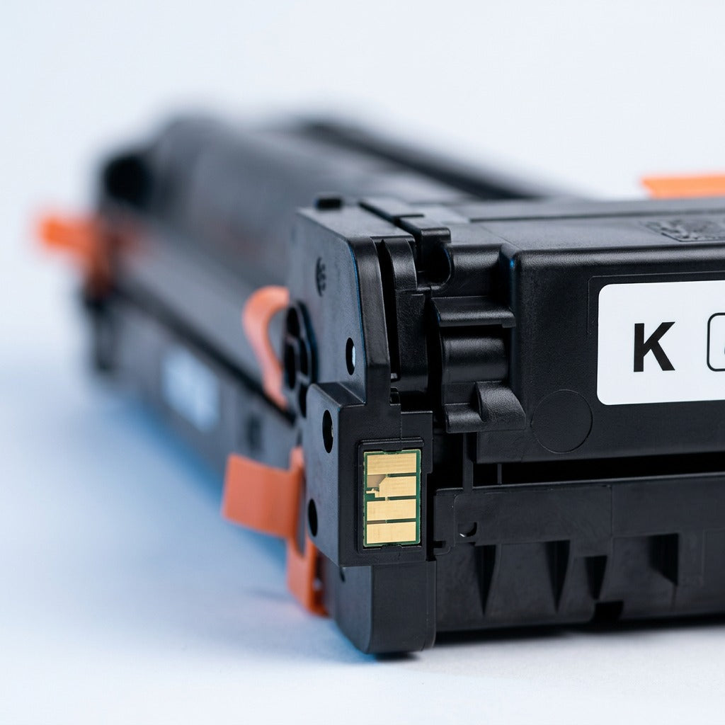Macro detail of the gold-plated smart chip and black casing on an HP 305A (CE410A) toner cartridge.