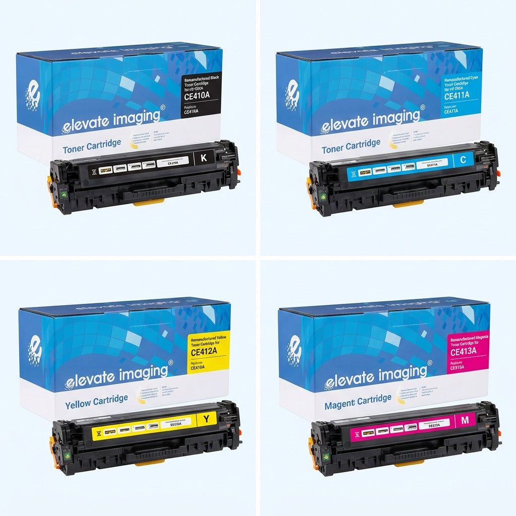 Elevate Imaging HP 305A toner set: four frames showing black, cyan, yellow, and magenta cartridges.
